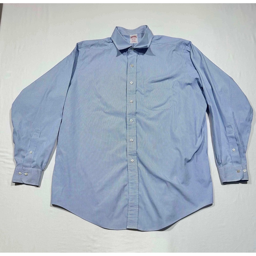 Brooks Brothers Traditional Fit Non-Iron Blue Stripe Dress Shirt 17-4/5 Mens